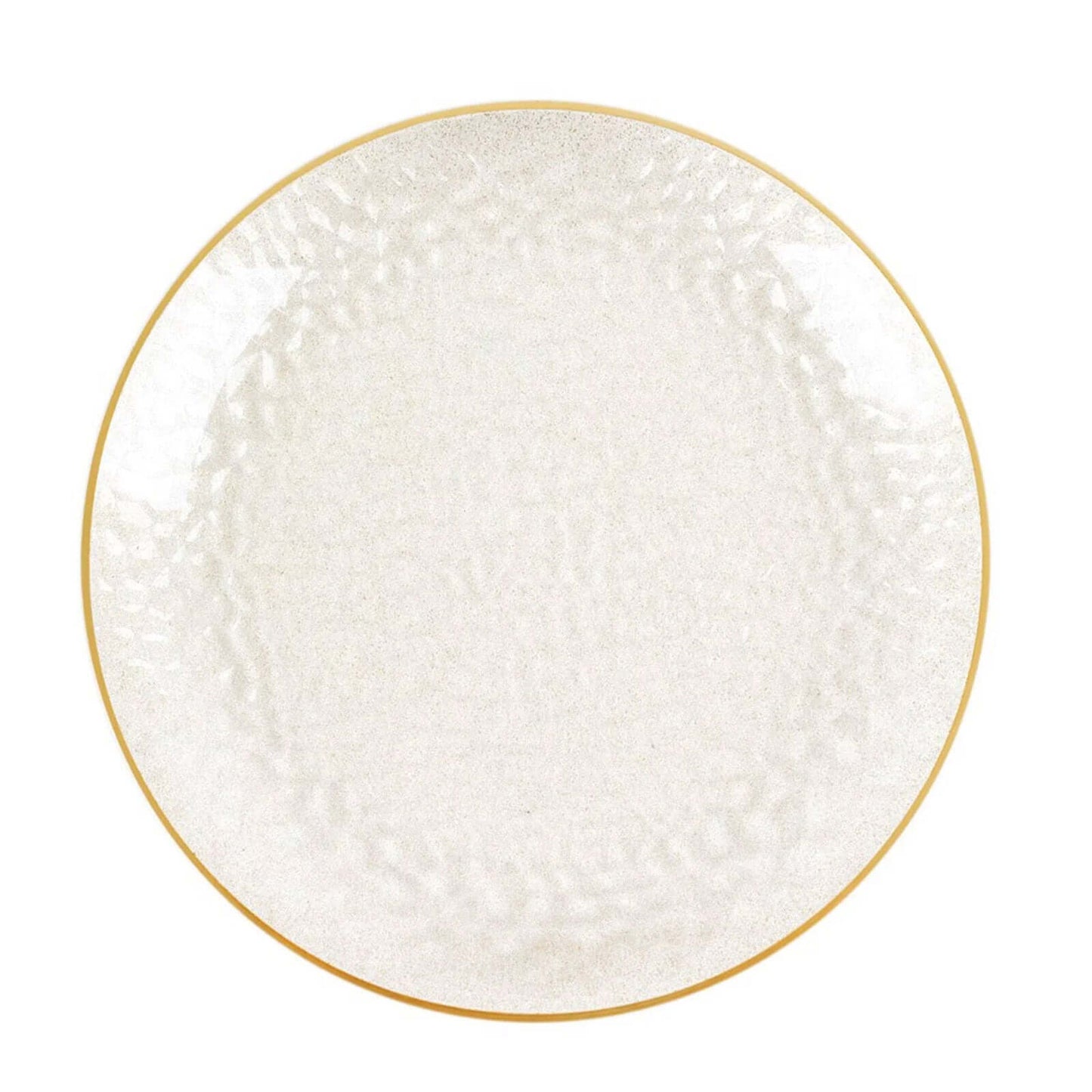 10-Pack Economy Plastic Round Charger Plates 13" in Clear Hammered Design with Glittered Gold Rim - Decorative Dinner Party Serving Plates
