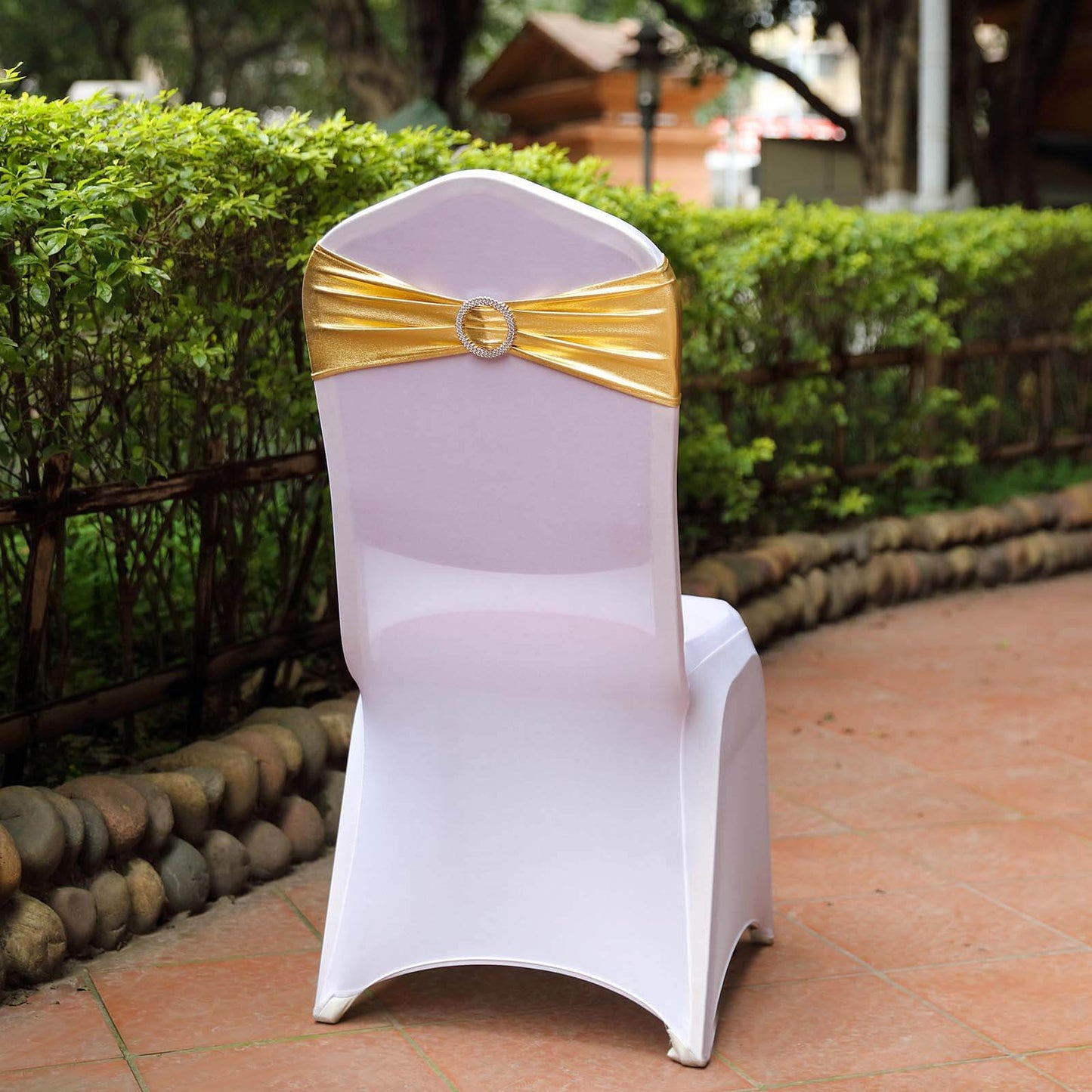 5 Pack Metallic Spandex Chair Sashes Gold - Stretch Fit Chair Bands With Round Diamond Buckles for Glamorous Event Decor