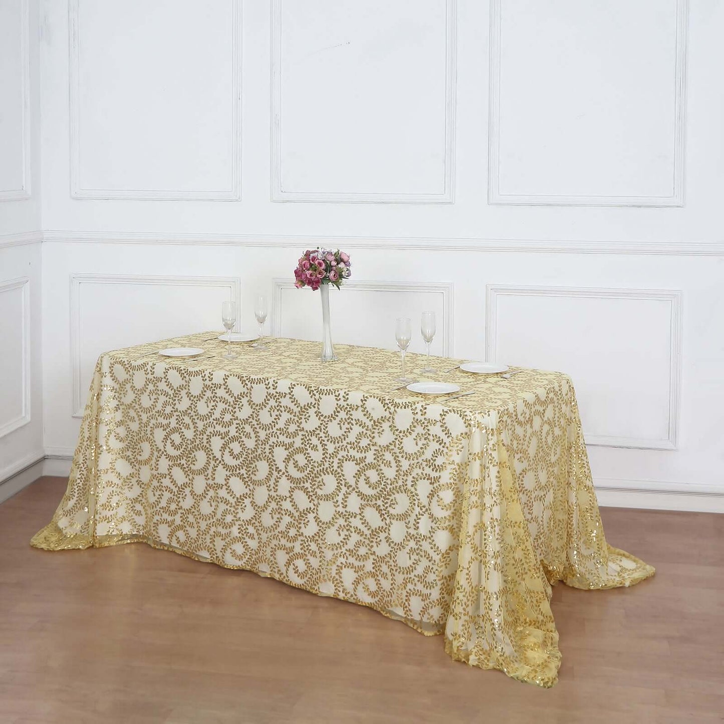 Tulle 90"x156" Rectangle Tablecloth Gold - Sequin Leaf Embroidered Design for Luxe Celebrations