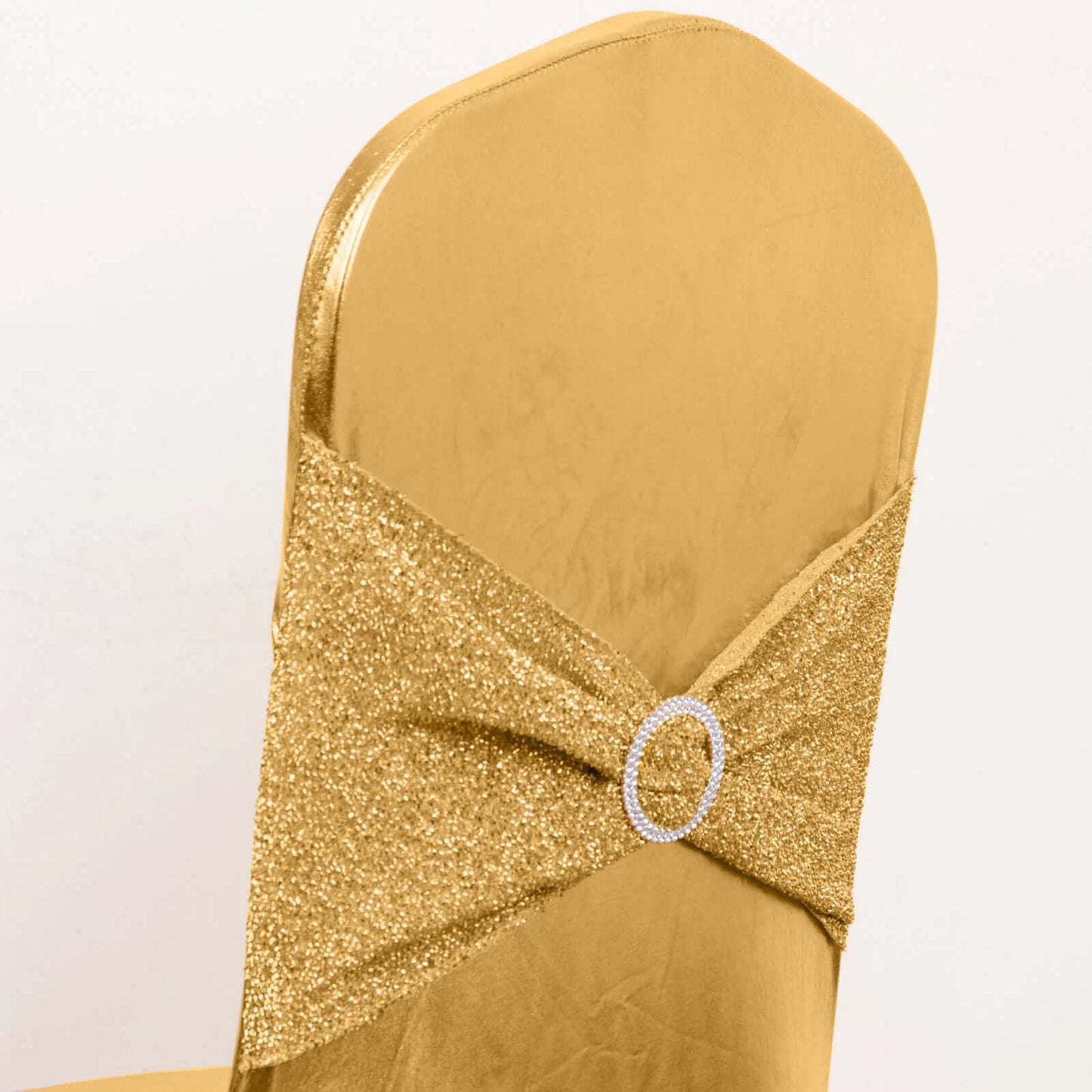 Spandex Banquet Chair Cover Metallic Gold Tinsel with Sash and Rhinestone Buckle - Luxe Shimmering Fitted Slipcover for Events