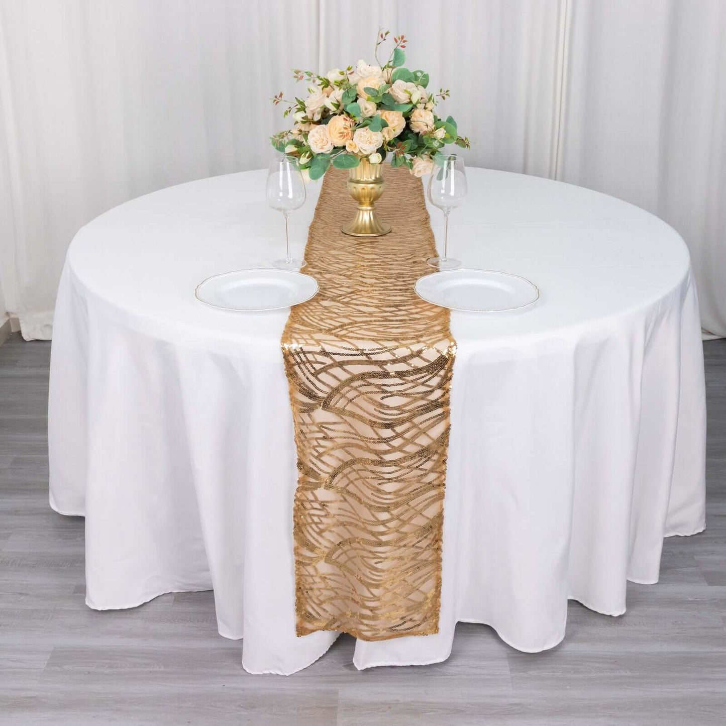 Sequin Mesh 12"x108" Table Runner Gold Wave Embroidered Design for Stylish Occasions