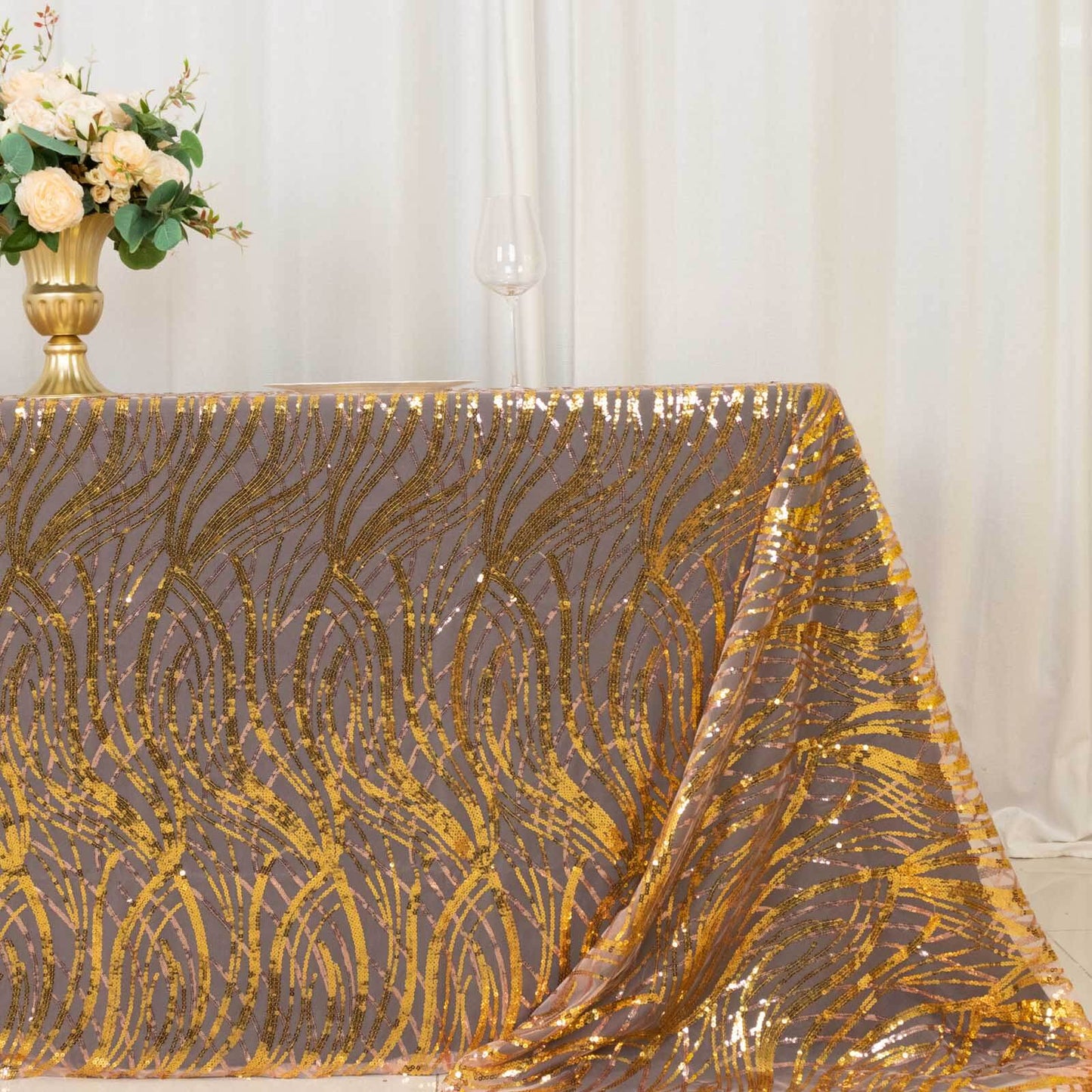 Mesh 90"x156" Rectangle Tablecloth Rose Gold/Gold - Wave Sequin Embroidered Table Cover