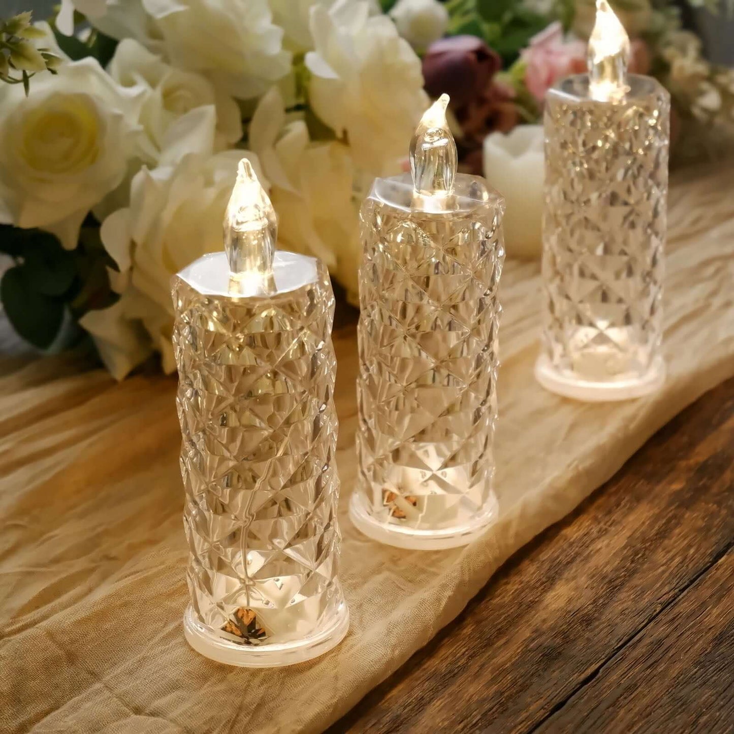 3-Pack LED Flameless Candle Lights Rose Halo Acrylic Diamond Pattern Warm White - Pillar Lamps 6"