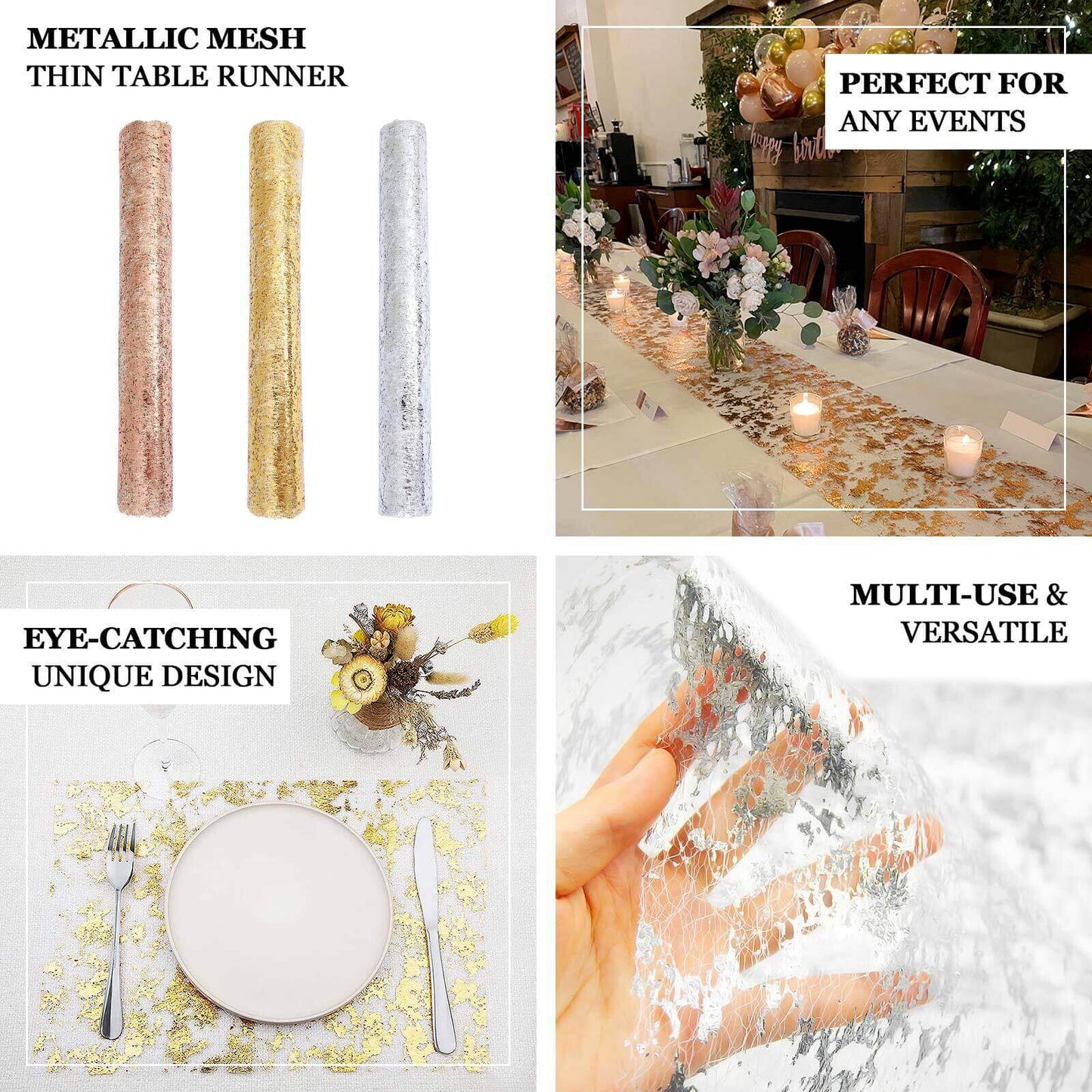 Mesh Polyester 108" Table Runner Roll Metallic Gold Distressed Foil Printing Design - Disposable Stylish Party Table Decor