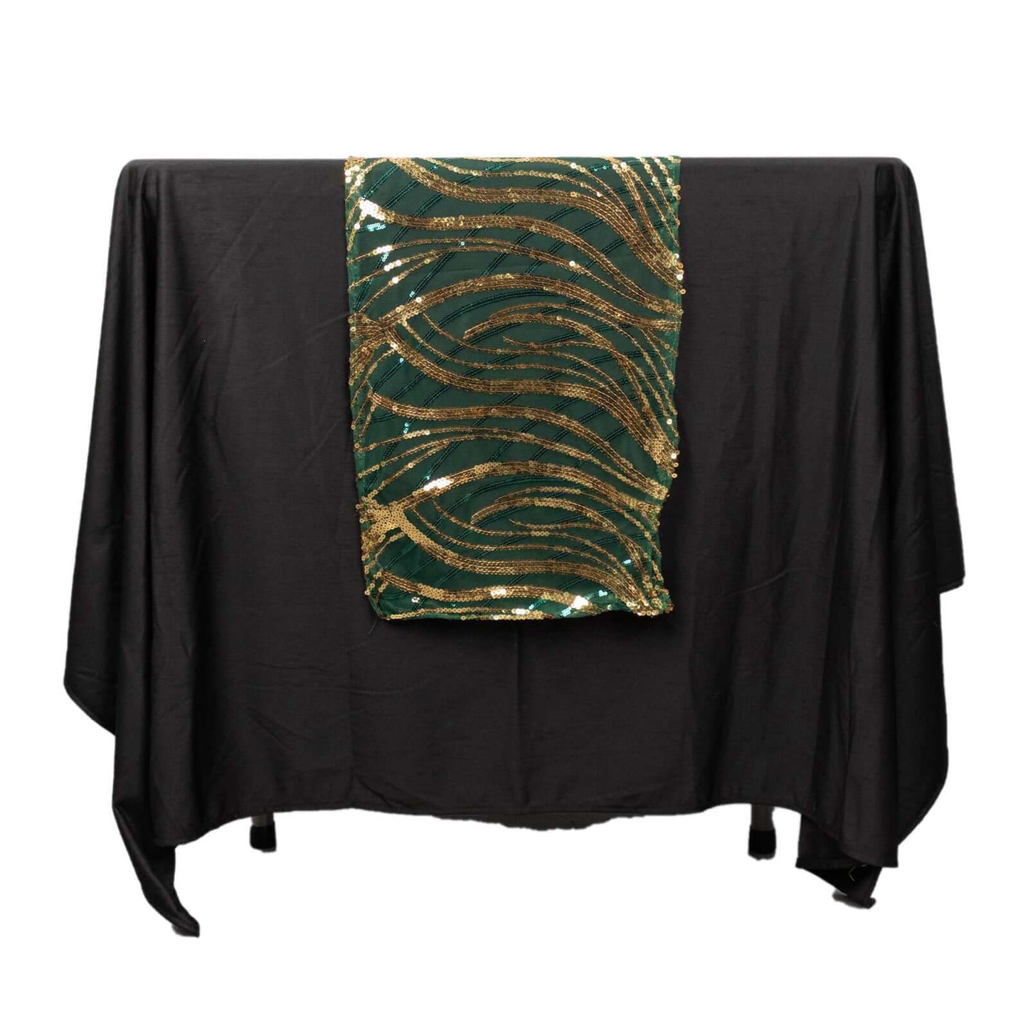 Sequin Mesh 12"x108" Table Runner Hunter Emerald Green/Gold Stylish Wave Embroidery