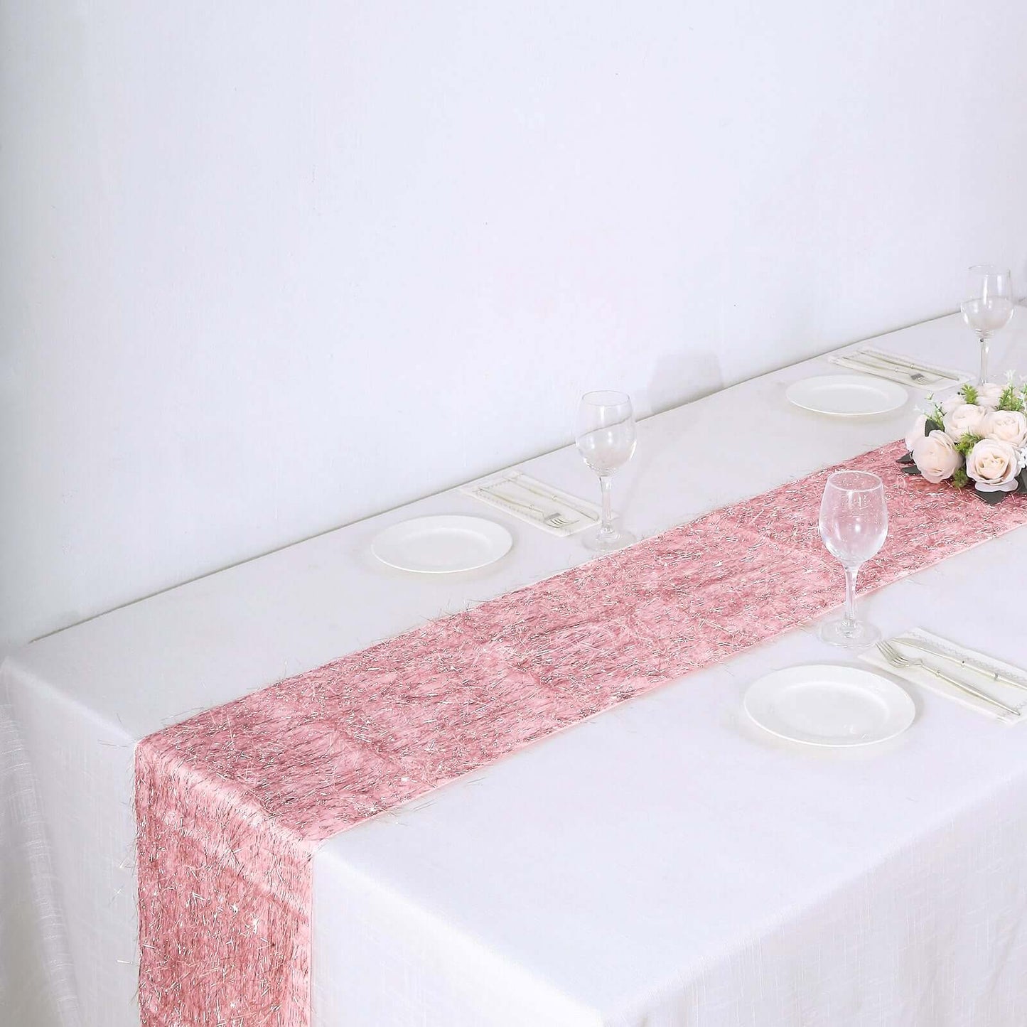 Metallic Tinsel Polyester 12"x108" Table Runner Rose Gold - Shimmery Fringe Shag Table Decor