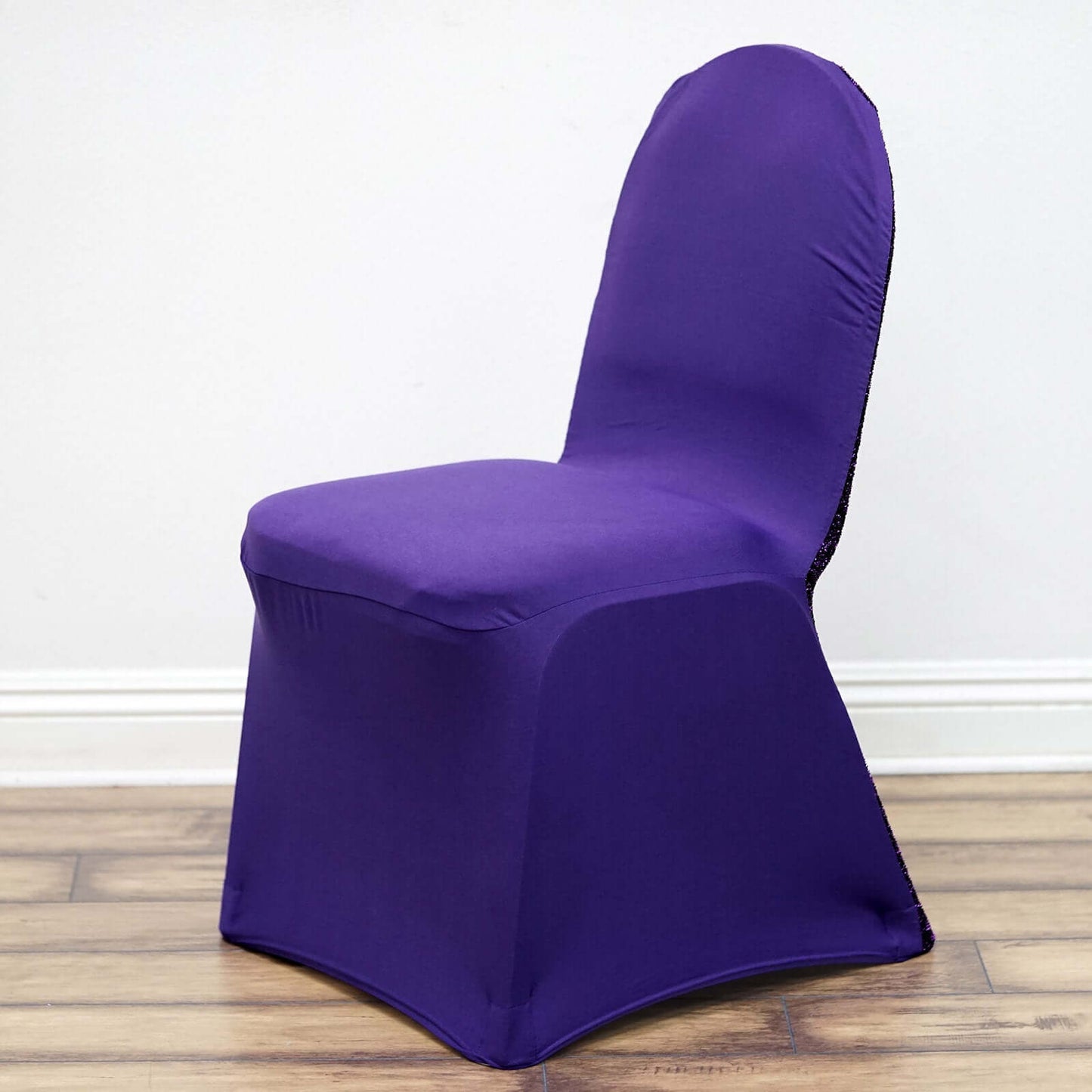 Spandex Chair Cover with Metallic Shimmer Tinsel Back for Banquet Chairs Purple - Fitted Slipcover