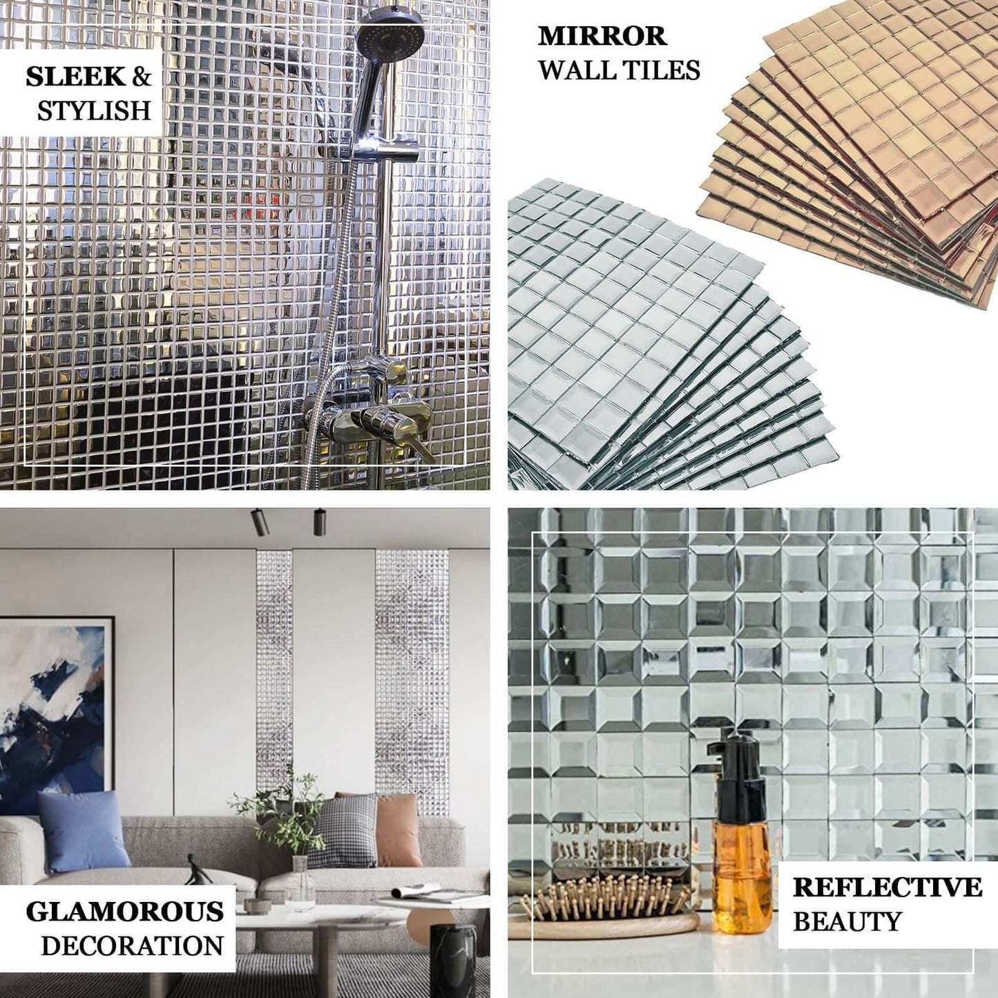 10 Pack 10 Sq ft Silver Peel and Stick Backsplash Mirror Wall Tiles