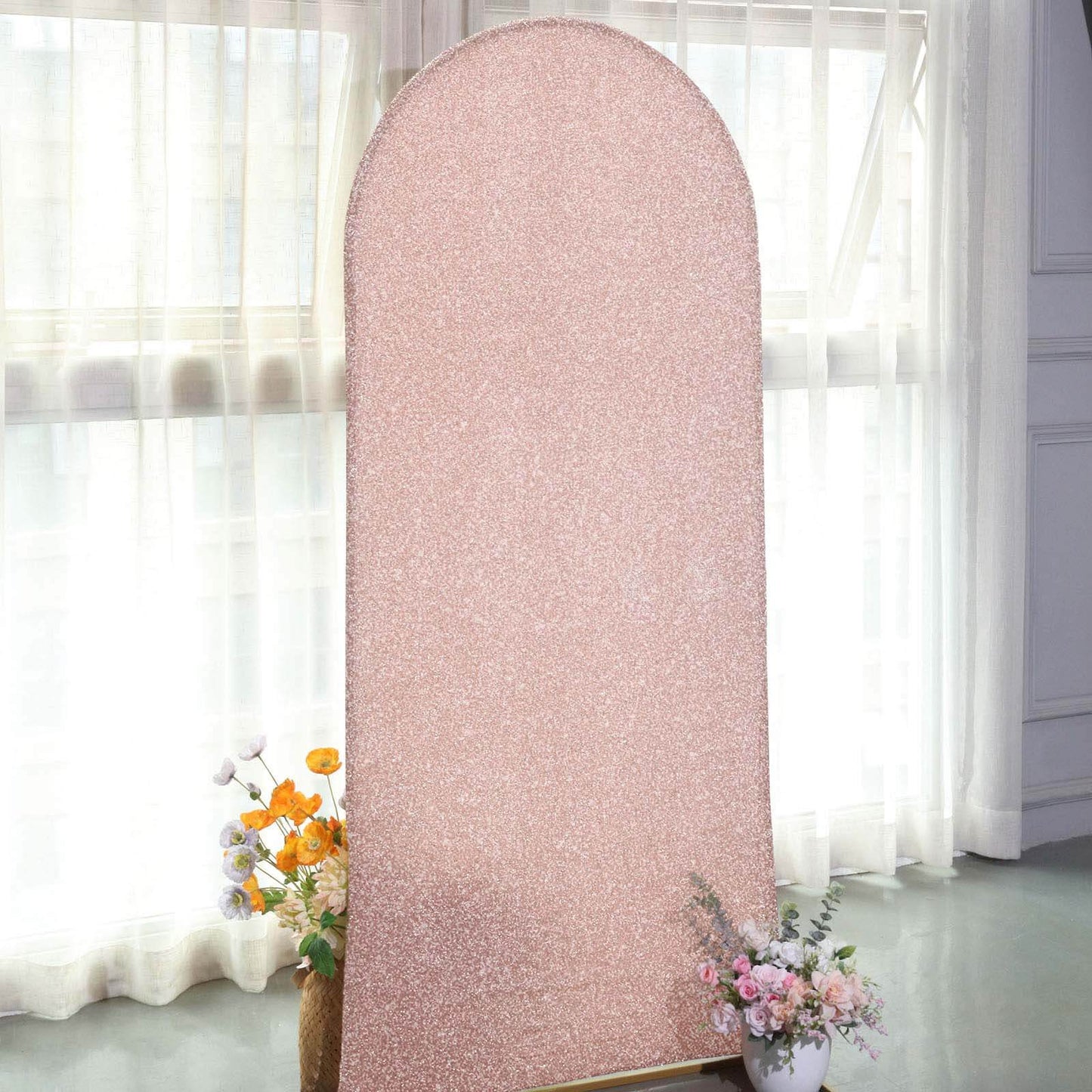 6ft Rose Gold Shimmer Tinsel Spandex Chiara Backdrop Stand Cover For Fitted Round Top Wedding Arch