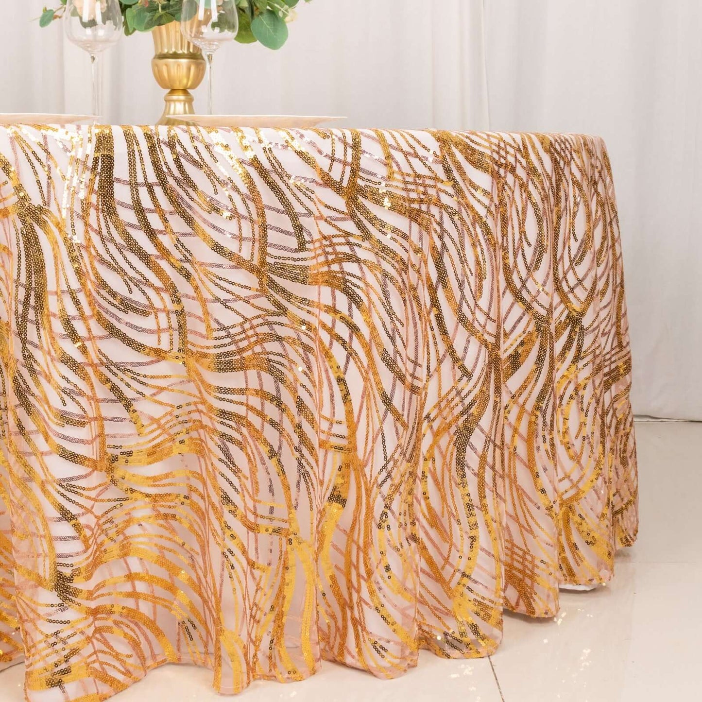 Sequin Mesh 120" Round Tablecloth Rose Gold/Gold - Seamless Wave Embroidered Table Cover