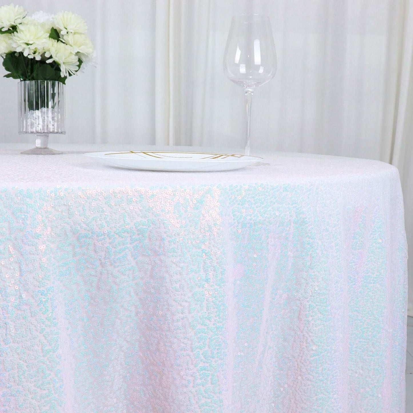 Sequin 120" Round Tablecloth Iridescent Blue - Seamless Glittering Table Cover