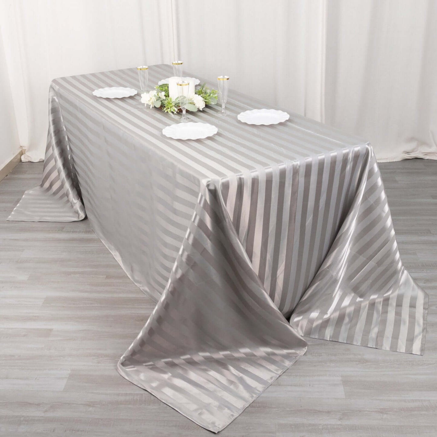 Satin Striped 90"x132" Rectangular Tablecloth Silver - Seamless Silky Smooth Table Cover