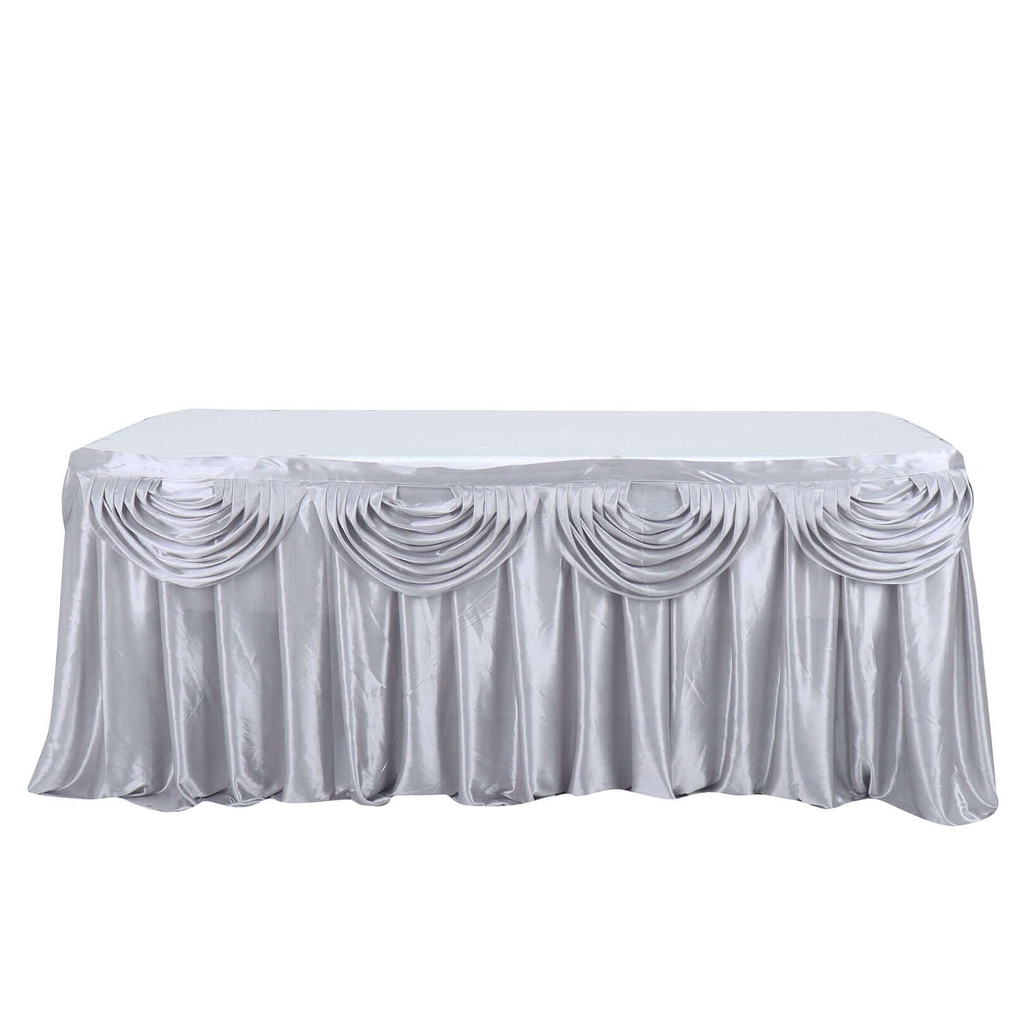 Satin 14ft Table Skirt Silver - Pleated Double Drape Table Cover