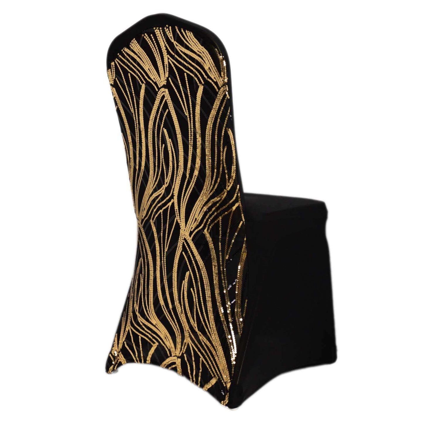 Spandex Chair Cover with Wave Embroidered Sequins for Banquet Chairs Black/Gold - Glittering Stretch Fitted Slipcover