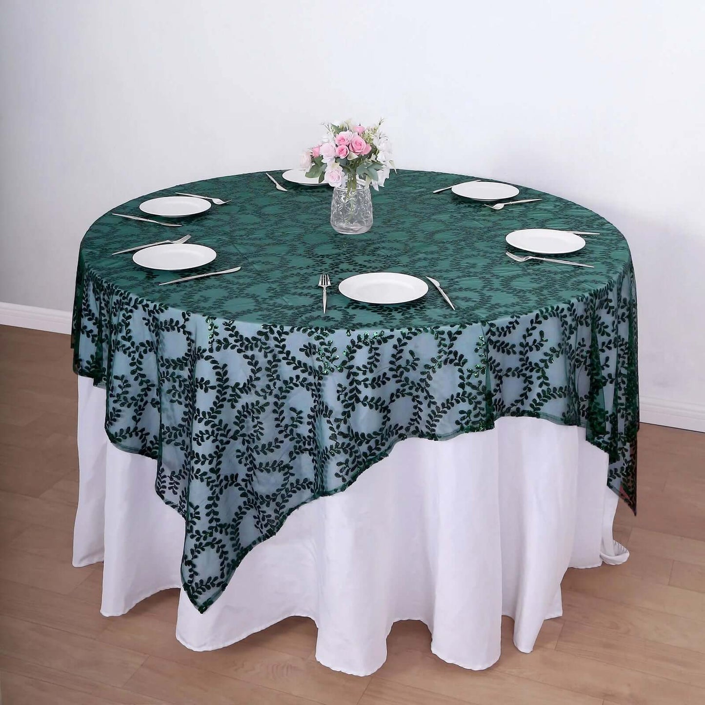 Tulle 72"x72" Table Overlay Square Tablecloth Hunter Emerald Green - Sequin Leaf Embroidered Table Topper