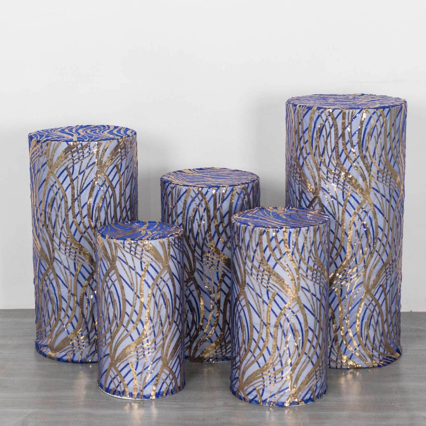 Set of 5 Royal Blue Wave Mesh Cylinder Pedestal Stand Covers with Embroidered Sequins, Pillar Prop Covers - 160 GSM