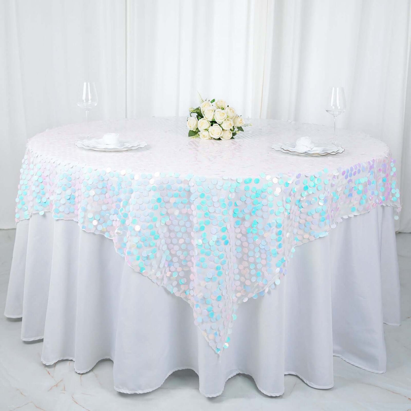 Sequin 72"x72" Table Overlay Square Tablecloth Iridescent Blue - Big Payette Table Cover