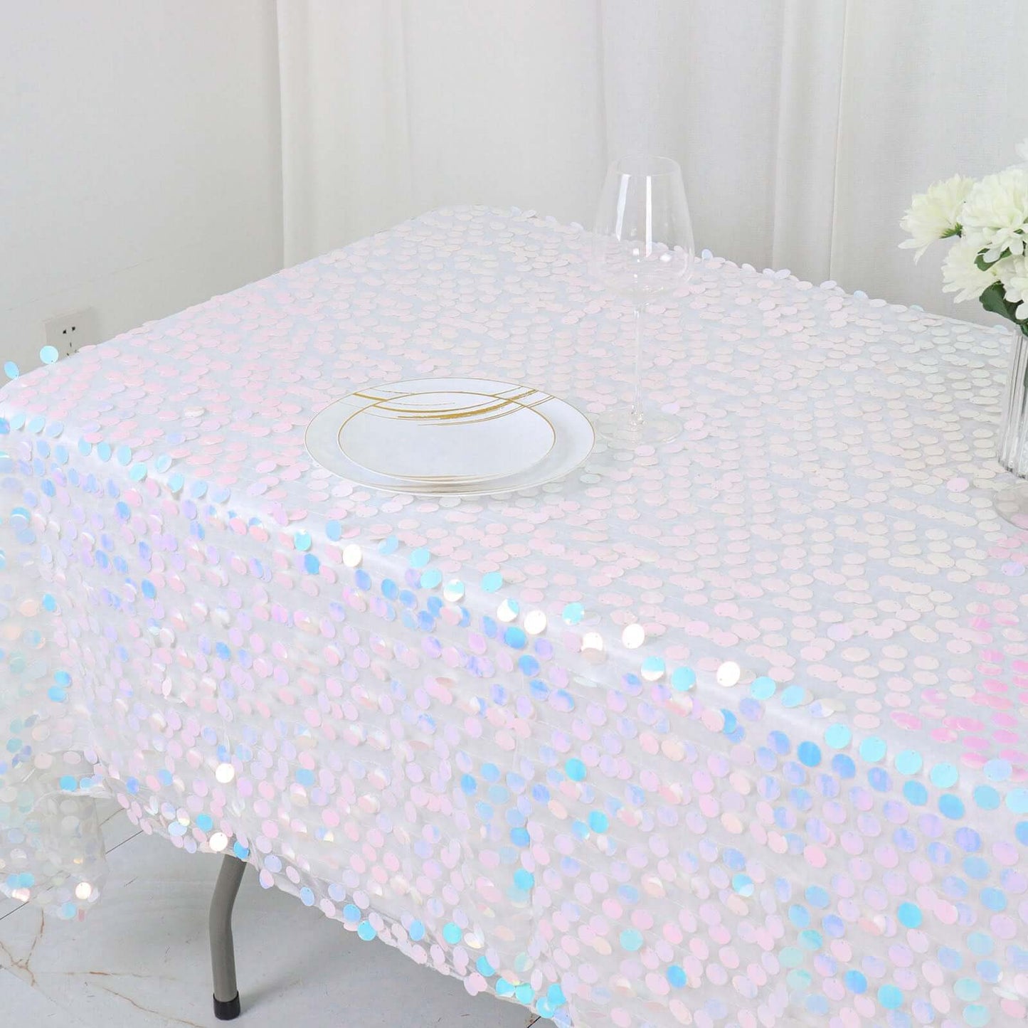 Sequin 60"x102" Rectangle Tablecloth Iridescent Blue - Big Payette Design for Modern Gatherings