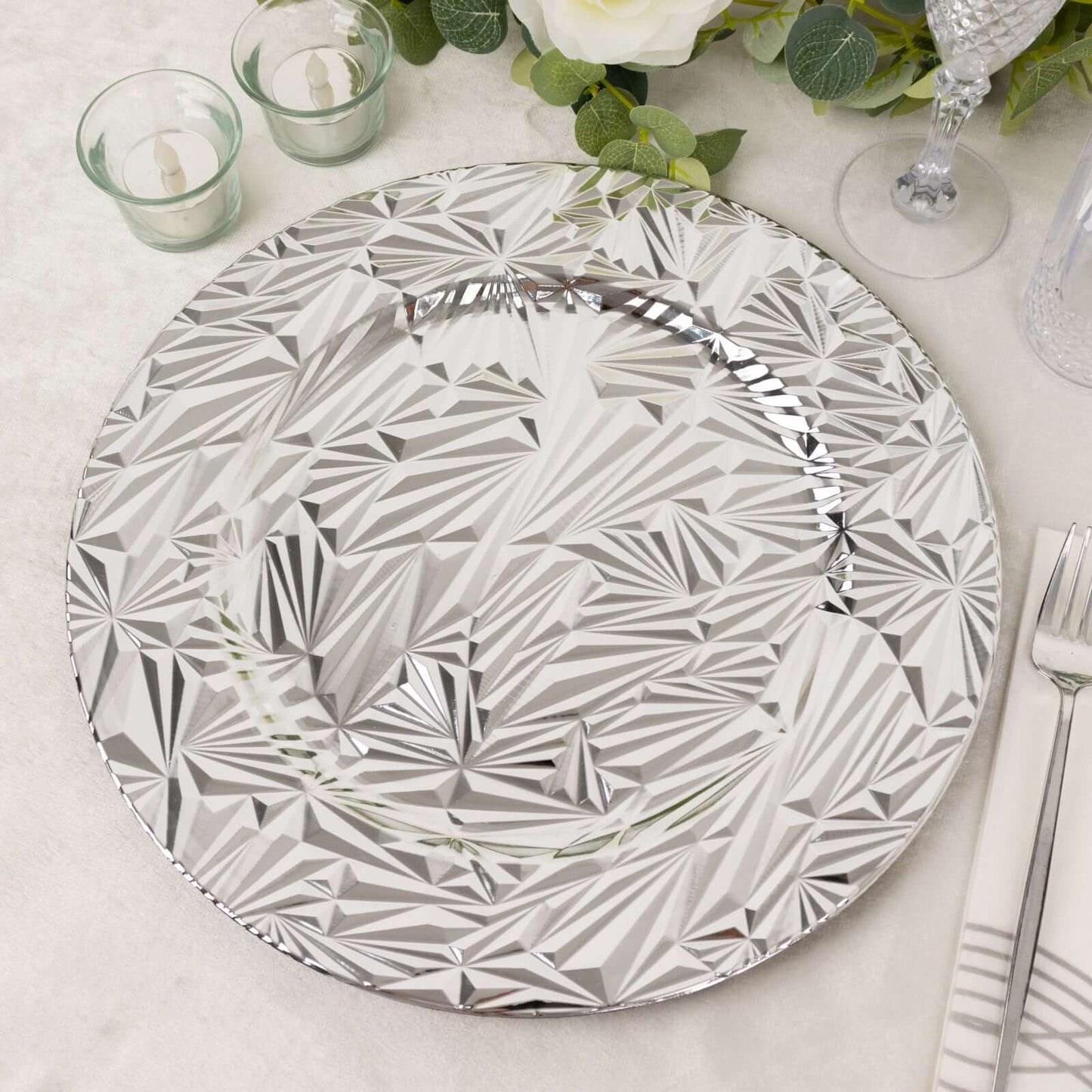 6-Pack Acrylic Round Charger Plates 13" in Metallic Silver with Rock Cut Design, Durable Plastic Dinner Charger Tableware