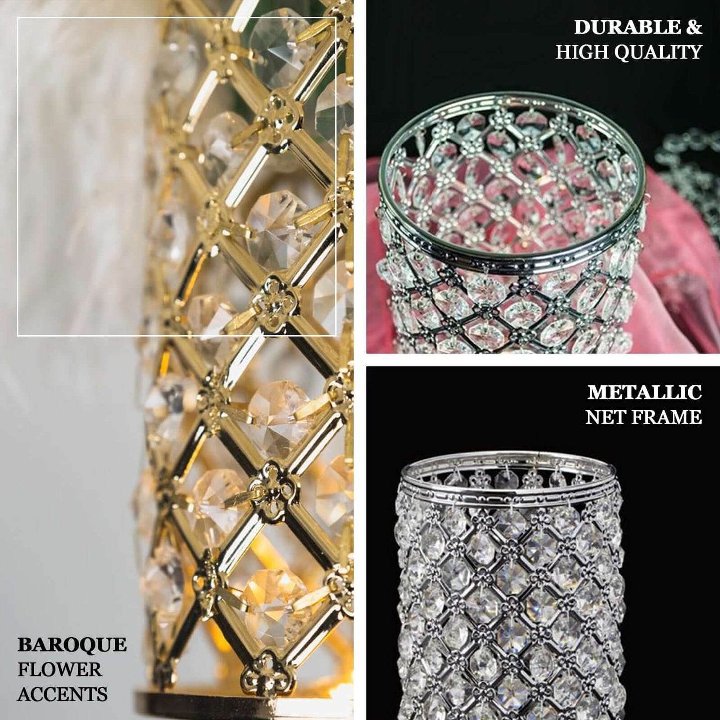 2-Pack Metal Crystal Beaded Pillar Holders Metallic Silver - Versatile Stem Vase Set for Decor 9"