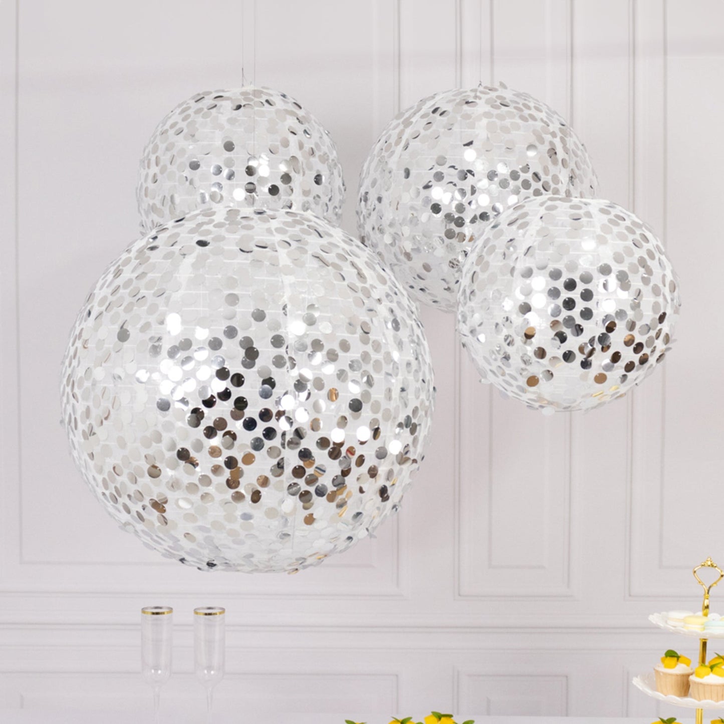 Set of 4 Glitter Silver Payette Sequin Hanging Lanterns, Large Decorative Round Foldable Fabric Chinese Lantern Lampshades - 12",14",16",20"