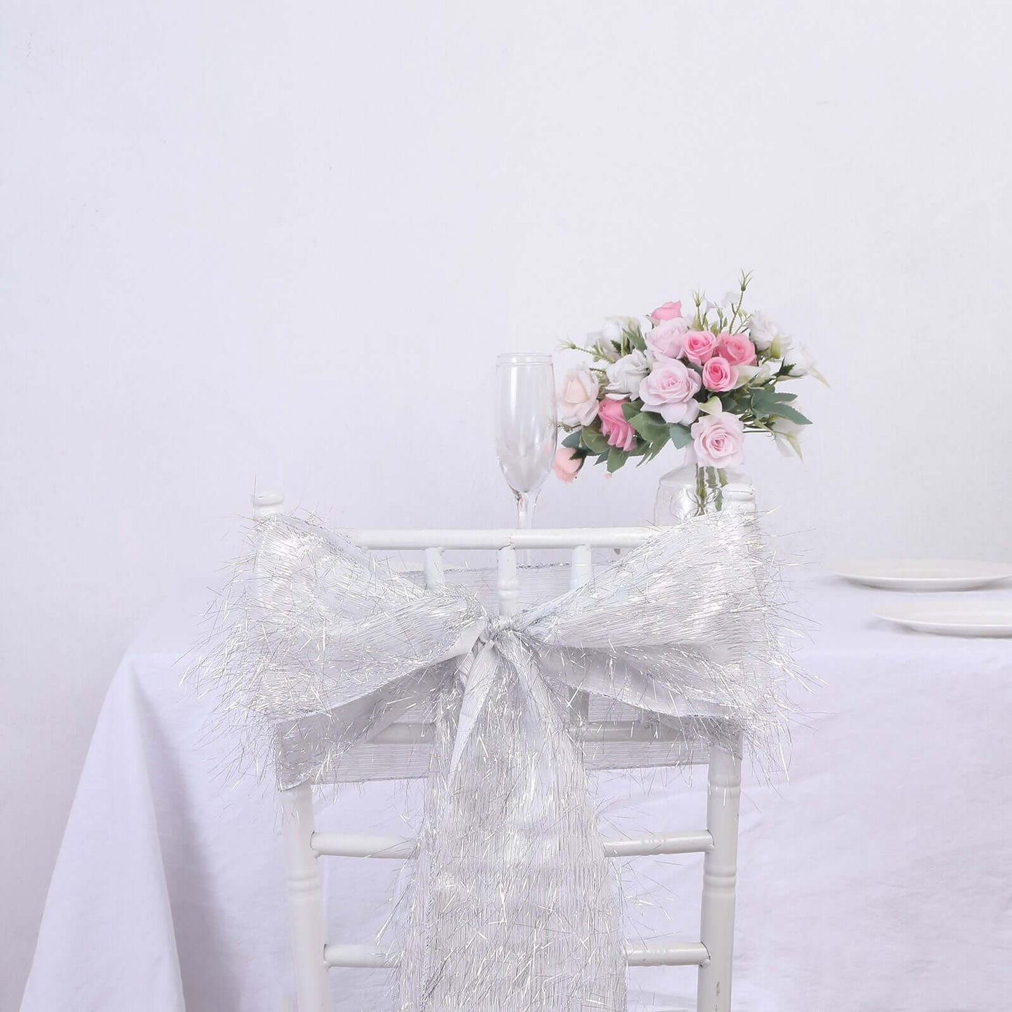 5 Pack Polyester Chair Sashes Silver Metallic Tinsel Fringe - Easy to Use Chair Bows 6"x108"