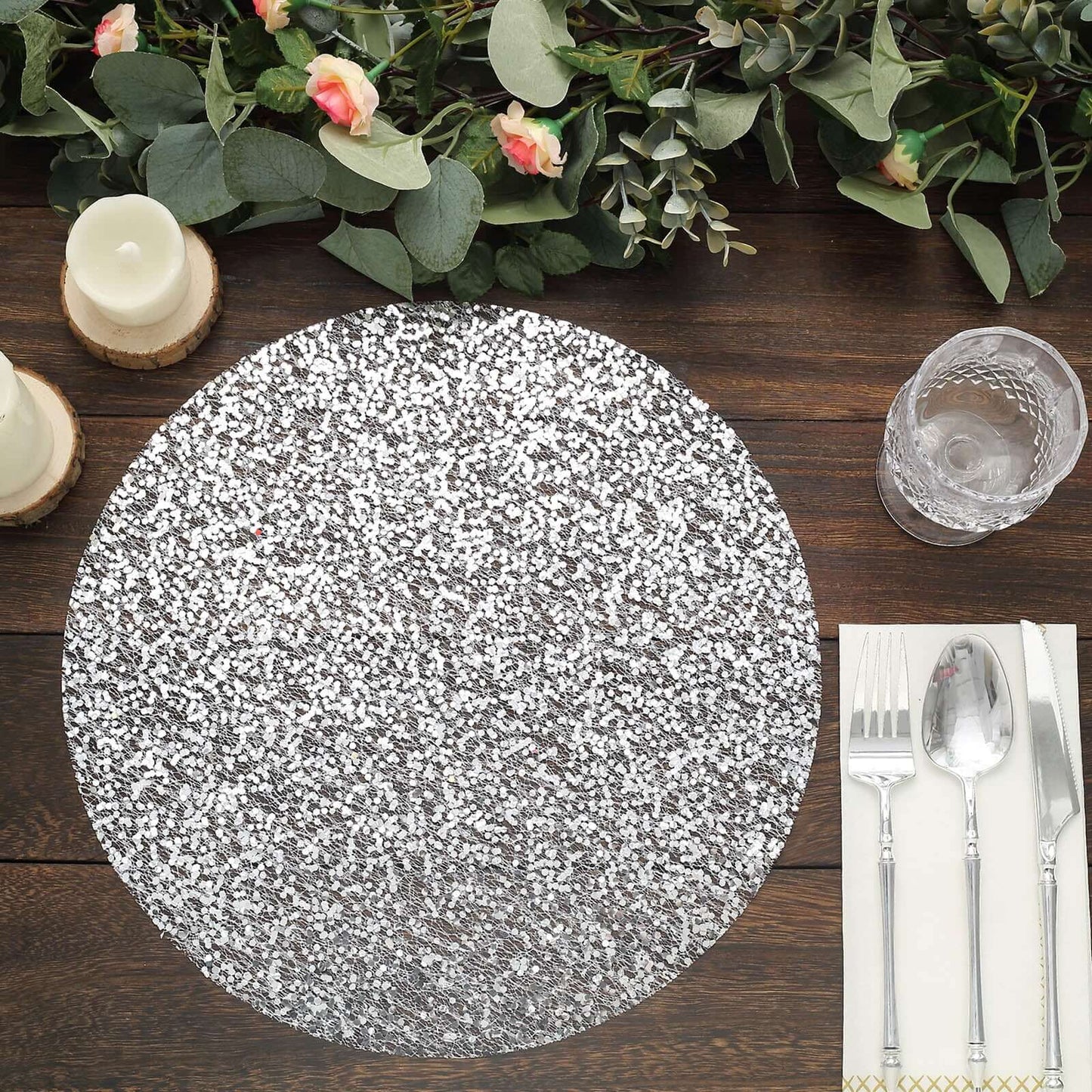 10-Pack Table Placemats Sequin Design Metallic Silver Round - Mesh Disposable Dust-Free Dining Mats 13"