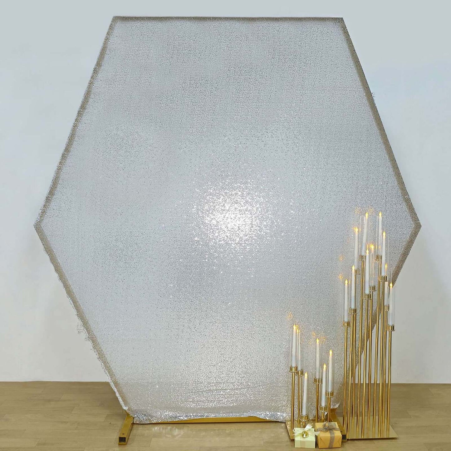 8ftx7ft Metallic Silver Shiny Sequin Hexagon Backdrop Stand Cover, Shiny Sparkle 2-Sided Custom Fit Wedding Arch Cover