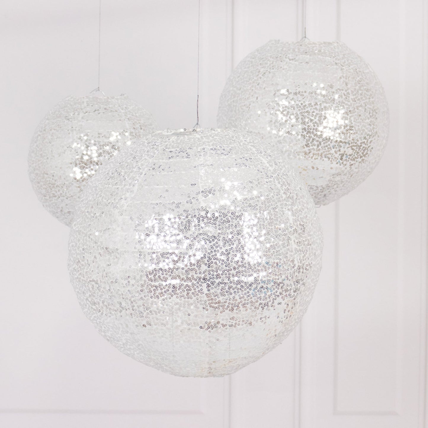 Set of 3 Glitter Silver Sequin Fabric Hanging Lanterns, Decorative Round Foldable Chinese Lantern Lampshades - 8",10",12"