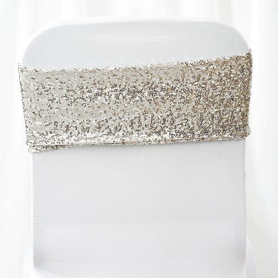 5 Pack Sequin Spandex Chair Sashes Silver - Stretch Chair Bands 6"x15"