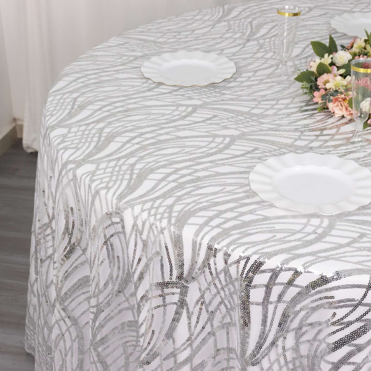 Sequin Mesh 120" Round Tablecloth Silver - Seamless Wave Embroidered Table Cover