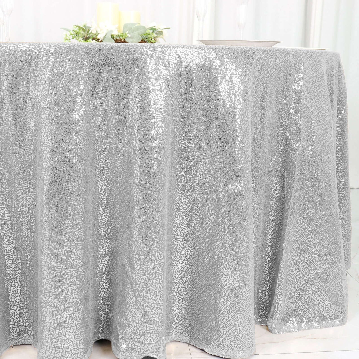 Sequin 120" Round Tablecloth Silver - Seamless Glittering Table Cover