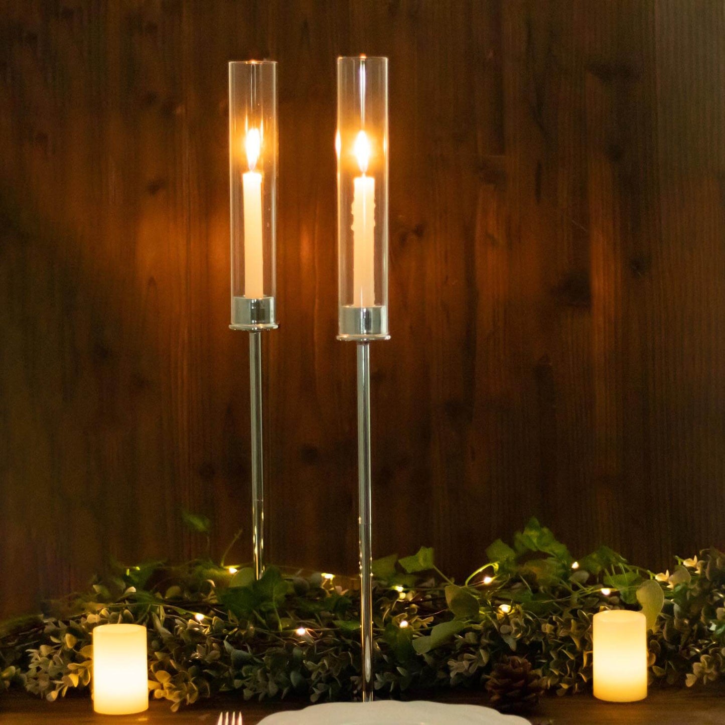 2-Pack Silver Metal Taper Candlestick Holders, Clear Glass Hurricane Candle Stands With Chimney Candle Shades 24"
