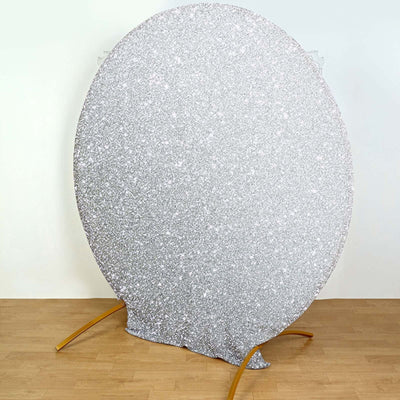 7.5ft Silver Metallic Shimmer Tinsel Spandex Round Wedding Arch Cover, 2-Sided Photo Backdrop