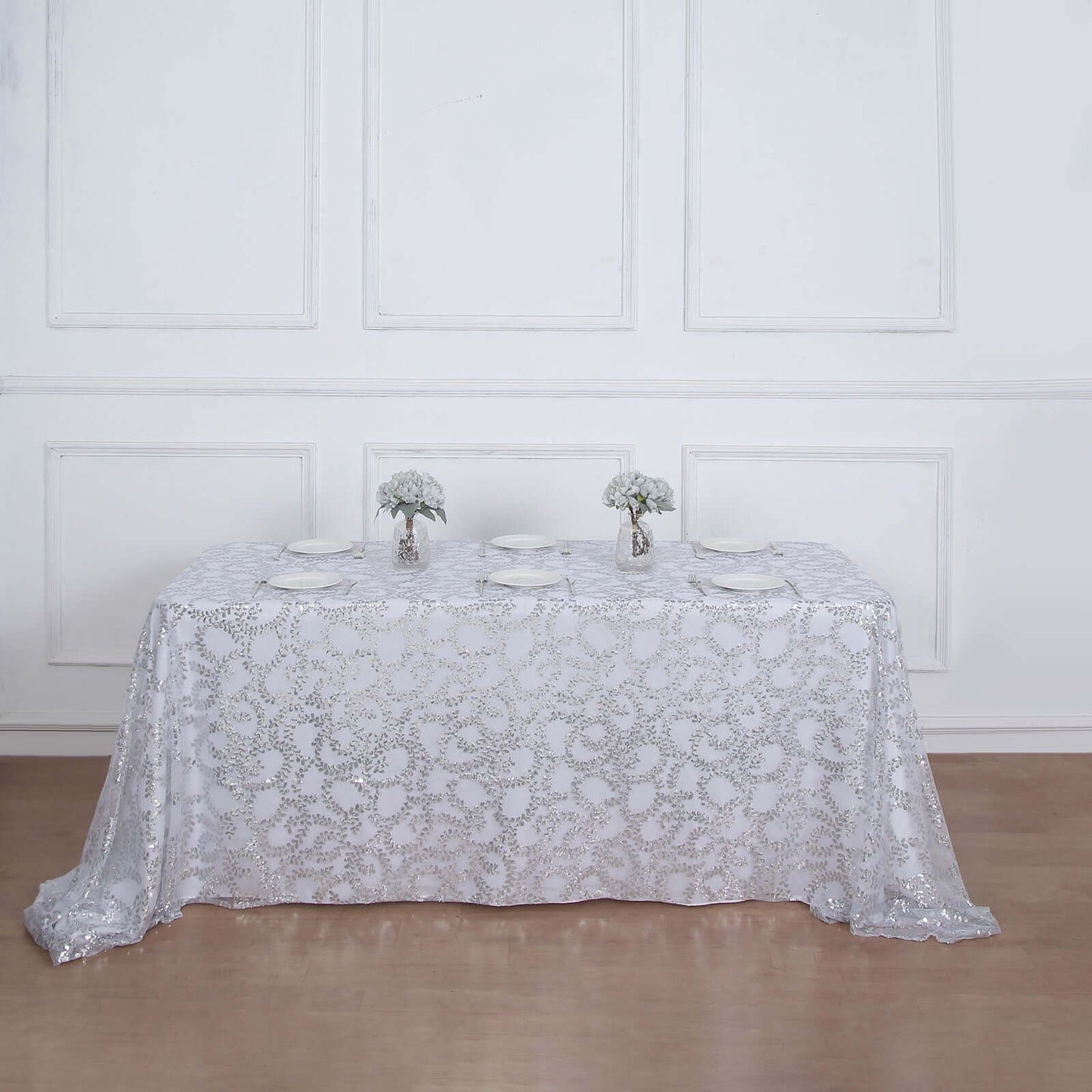 Tulle 90"x156" Rectangle Tablecloth Silver - Sequin Leaf Embroidered Table Cover