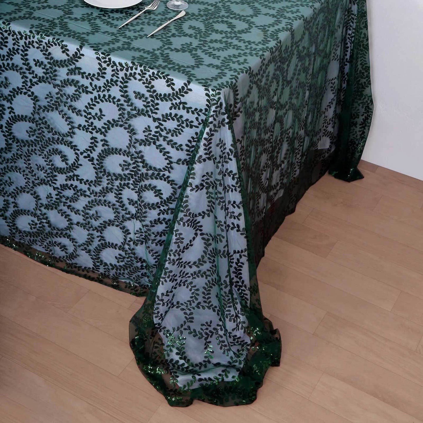 Tulle 90"x156" Rectangle Tablecloth Hunter Emerald Green - Sequin Leaf Embroidered Table Cover