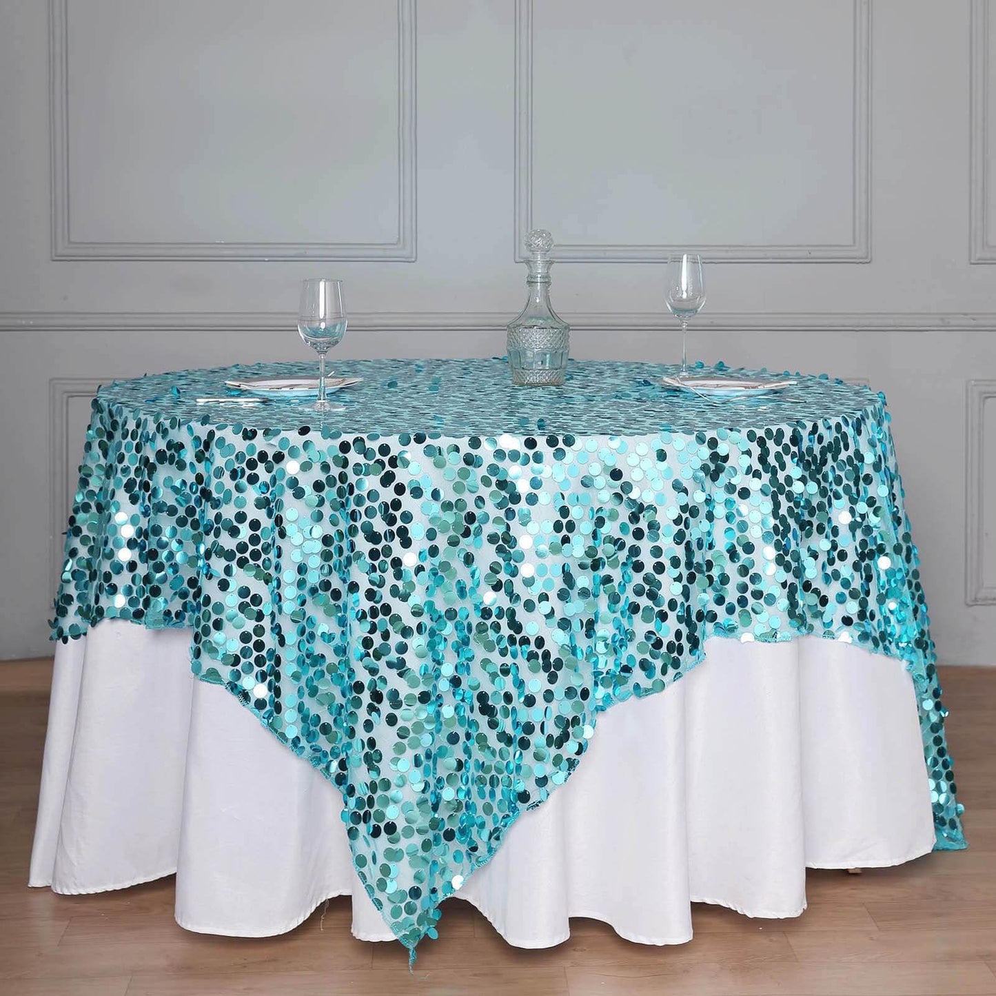 Sequin 72"x72" Table Overlay Square Tablecloth Turquoise - Big Payette Table Cover