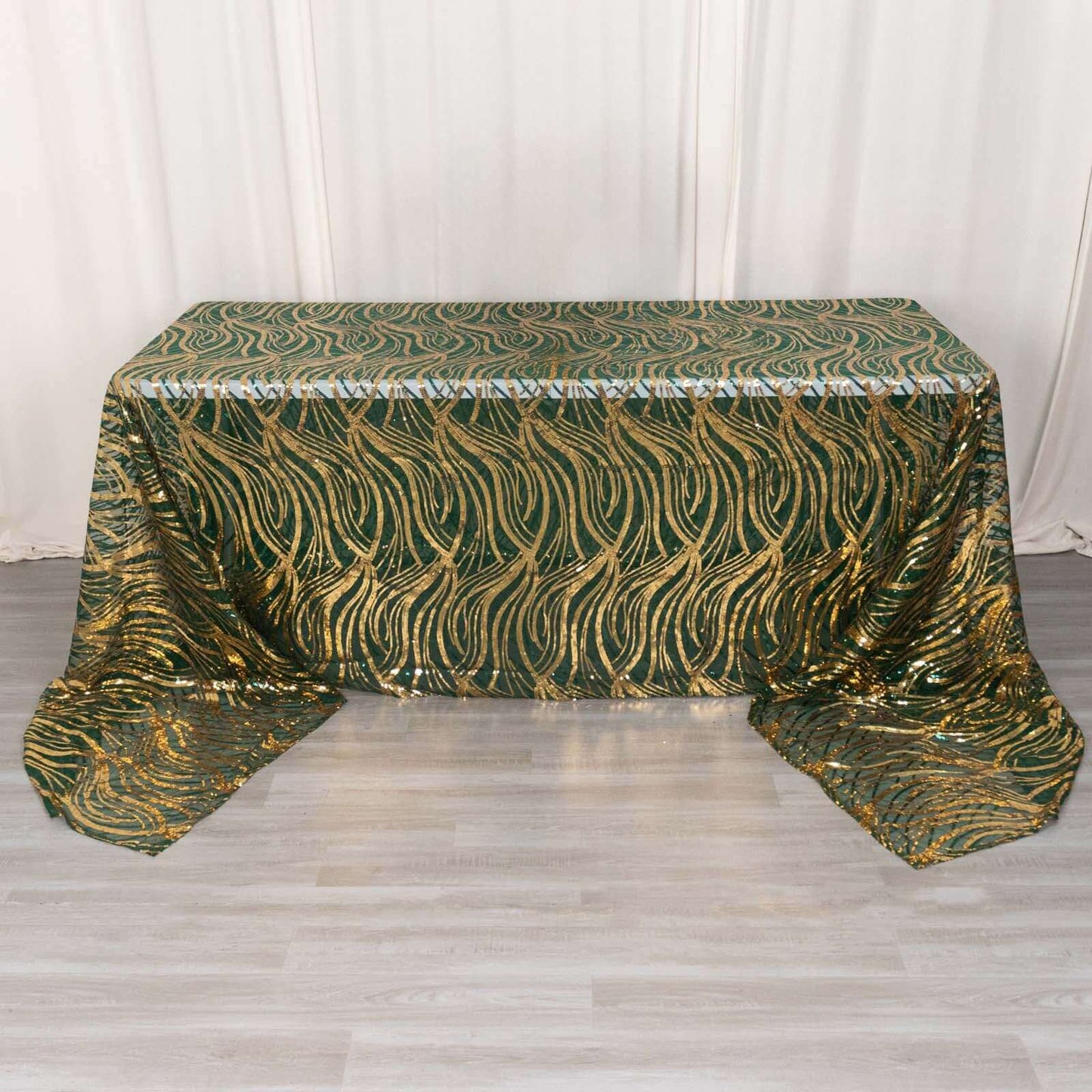 Mesh 90"x156" Rectangle Tablecloth Hunter Emerald Green/Gold - Wave Sequin Embroidered Table Cover