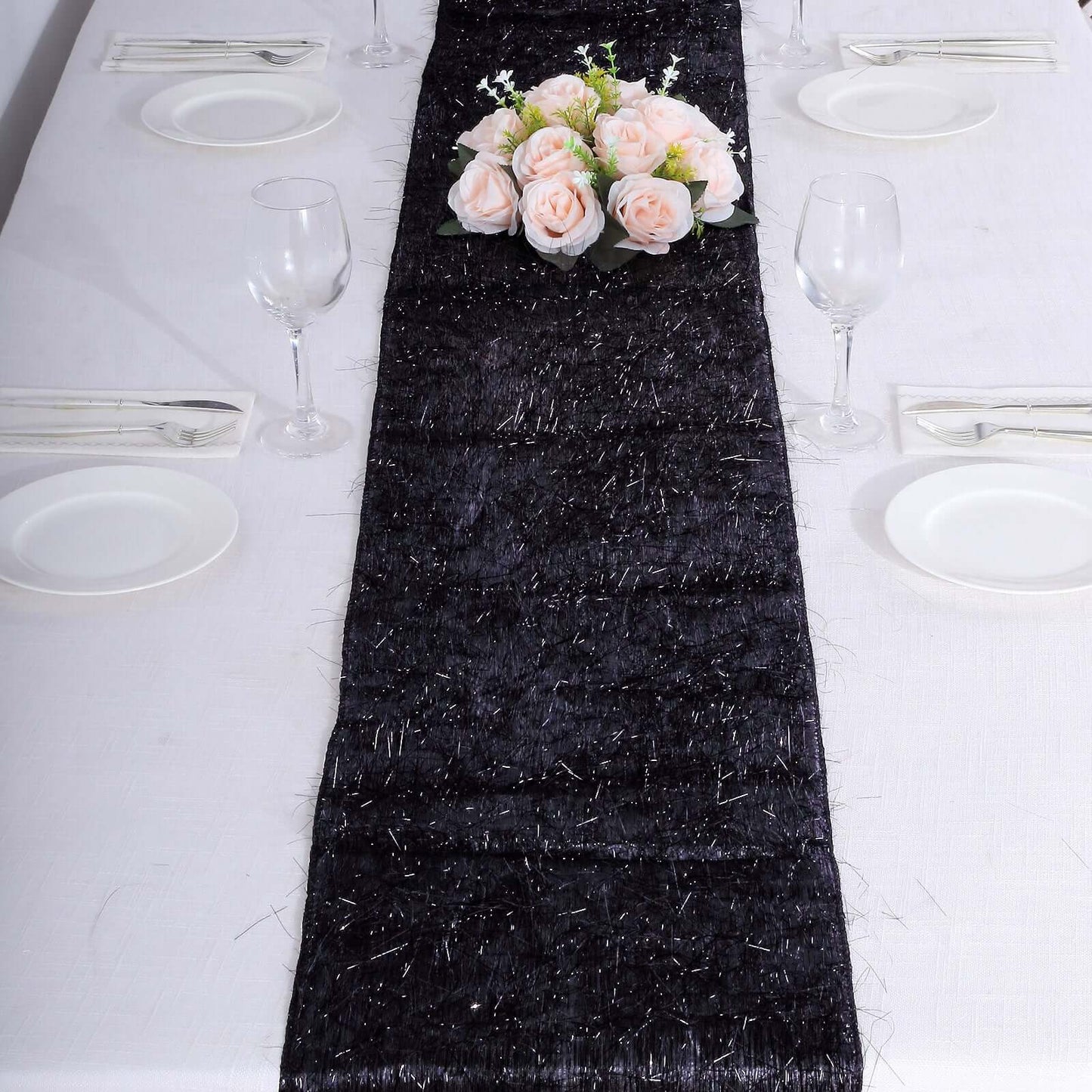 Metallic Tinsel Polyester 12"x108" Table Runner Black - Shimmery Fringe Shag Table Decor