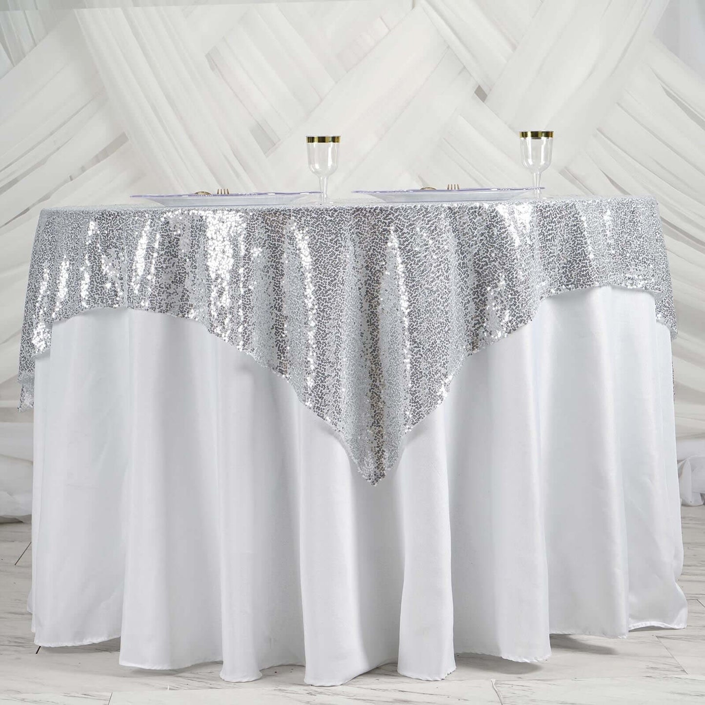 Sequin 60"x60" Table Overlay Square Tablecloth Silver - Luxe Wedding Table Topper