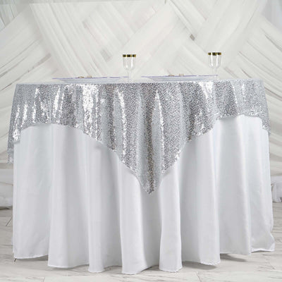 Sequin 60"x60" Table Overlay Square Tablecloth Silver - Luxe Wedding Table Topper