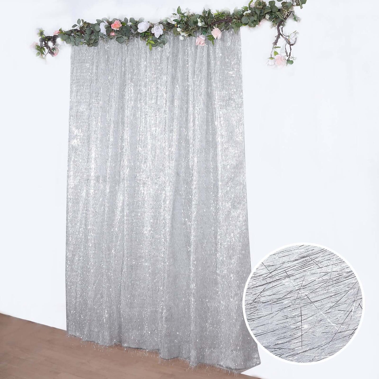 8ft Silver Metallic Fringe Shag Event Drapery Panel, Shimmery Tinsel Polyester Divider Backdrop Curtain