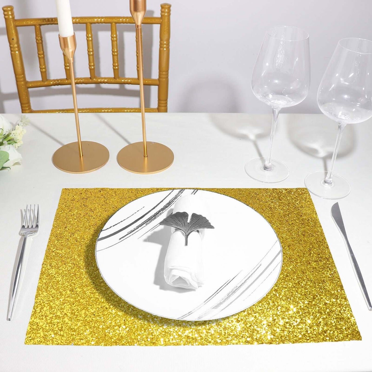 6-Pack Placemats Glitter Design Gold Sparkle Rectangle - Non-Slip Decorative Dining Table Mats 12"x18"