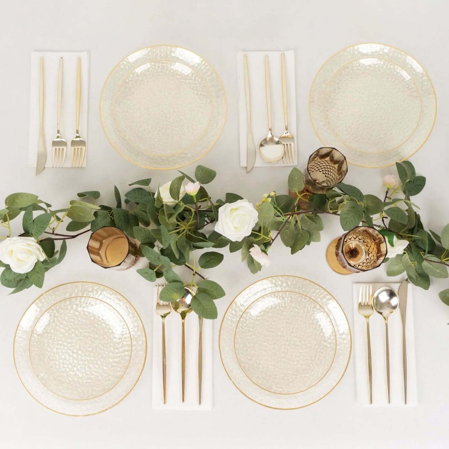 10-Pack Plastic 9" Round Dinner Plates in Clear Gold Glittered Hammered Design with Gold Rim - Modern Disposable Party Plates