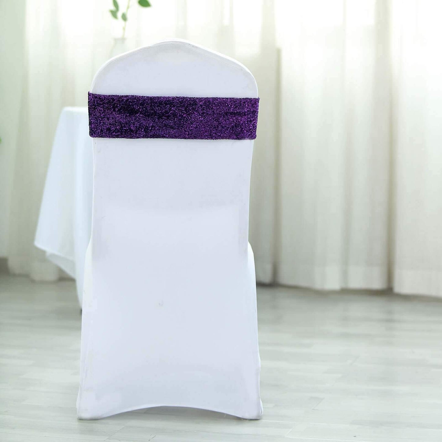 5 Pack Metallic Shimmer Tinsel Spandex Chair Sashes Purple - Durable and Reusable Stretch Chair Bands