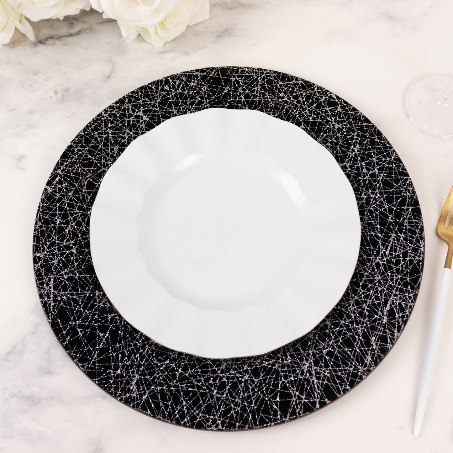 6-Pack Acrylic Round Charger Plates 13" in Black with Silver Glitter Abstract Lines Pattern, Decorative Dinner Party Charger Tableware