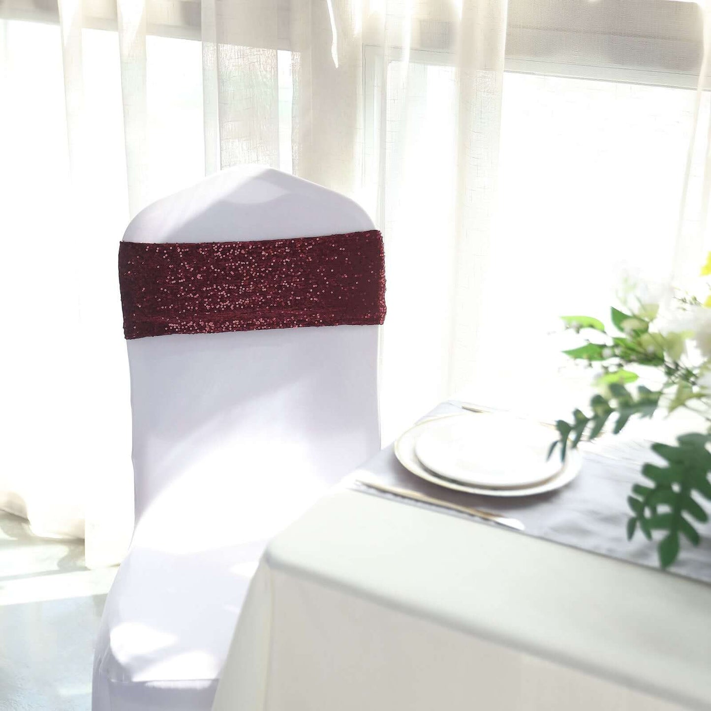 5 Pack Sequin Spandex Chair Sashes Burgundy - Stretch Chair Bands 6"x15"