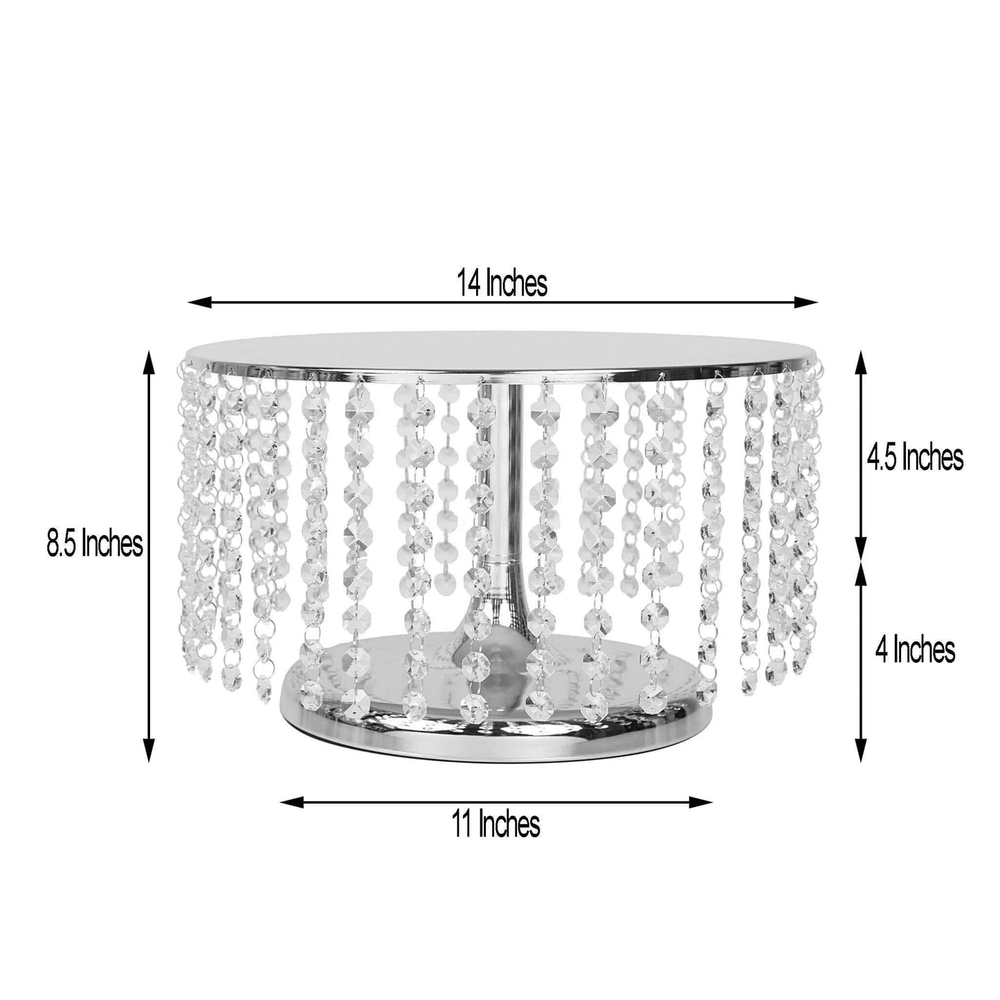 Metal Cake Stand Round Design Metallic Silver with Crystal Chains 14" Dia - Cupcake Dessert Pedestal 8" Tall