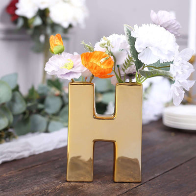 Shiny Ceramic Vase Letter "H" Gold Plated - Chic Bud Planter Pot for Events & Decor 6"