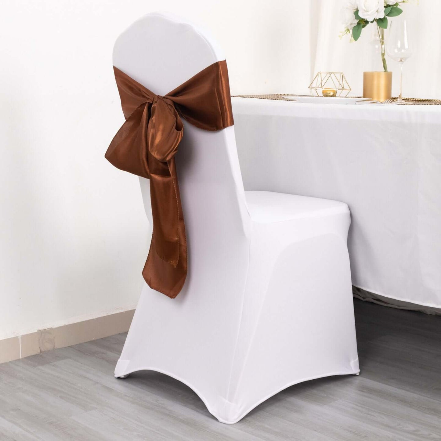 5 Pack Satin Chair Sashes Cinnamon Brown - Durable Chair Bows with Shiny Finish 6"x106"